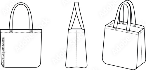 Tote bag technical drawing, handbag vector illustration, fashion accessory sketch, gusseted tote outline, sewing pattern design, unisex shopping bag template