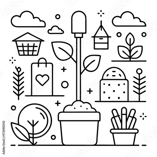 Minimal line art illustration of a garden with plants, trees, soil, and gardening tools, clean and modern eco design style