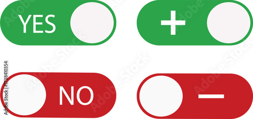 Collection of green and red user interface toggle switches with yes, no, plus, and minus symbols.