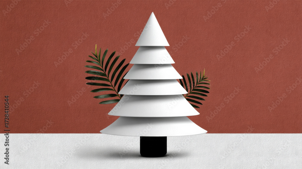 Fototapeta premium Minimalist collage paper tree with tropical leaf accents on textured backdrop joyful holiday composition