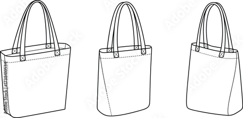 Tote bag technical drawing, handbag vector illustration, sewing pattern sketch, gusseted tote outline, unisex shopping bag design, fashion accessory template, product mockup