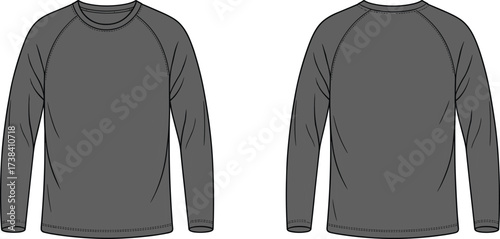 Long sleeve shirt technical drawing, raglan sleeve vector illustration, unisex fashion apparel sketch, casual clothing outline, sportswear design template, garment mockup