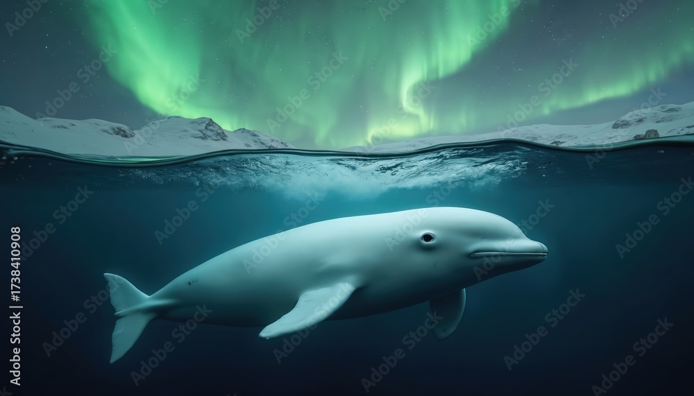 Fototapeta premium Beluga whale swims underwater against aurora borealis landscape. Polar night sky glows over snowy mountains, waterline. Marine mammal floats, dives in ocean. Nature with arctic animal, underwater