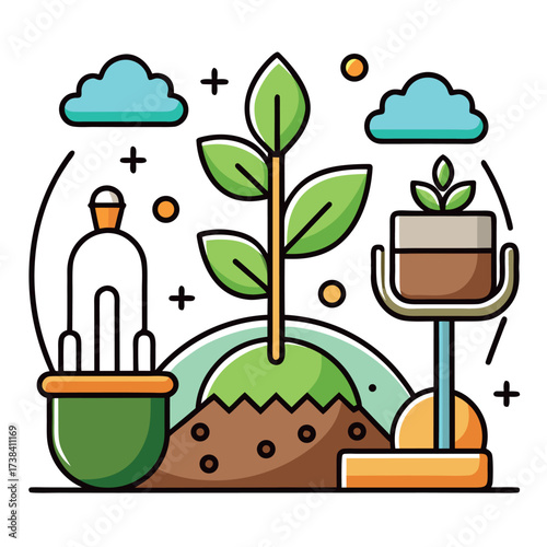Minimal line art illustration of a garden with plants, trees, soil, and gardening tools, clean and modern eco design style