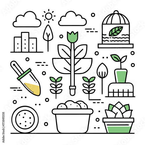 Minimal line art illustration of a garden with plants, trees, soil, and gardening tools, clean and modern eco design style
