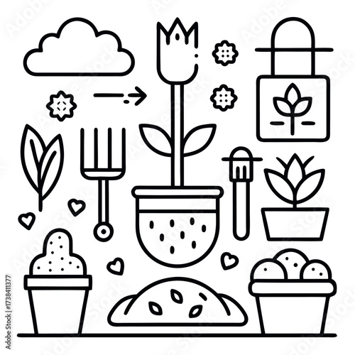 Minimal line art illustration of a garden with plants, trees, soil, and gardening tools, clean and modern eco design style