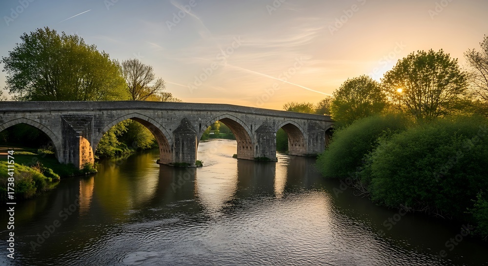Fototapeta premium Ancient Stone Bridge Crossing a Calm River at Sunset.