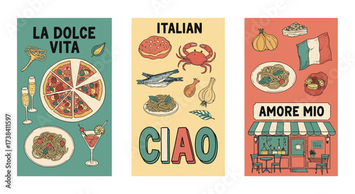 A collection of three vintage-style posters celebrating Italian culture, food, and phrases like 'La Dolce Vita' and 'Ciao'.