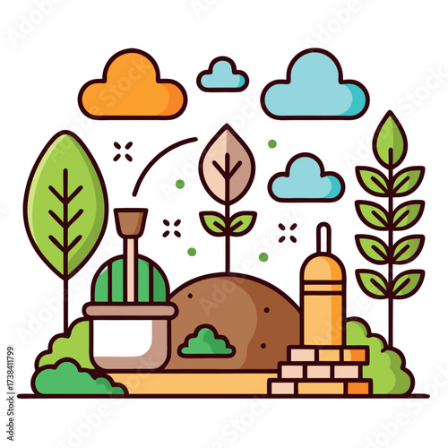 Minimal line art illustration of a garden with plants, trees, soil, and gardening tools, clean and modern eco design style