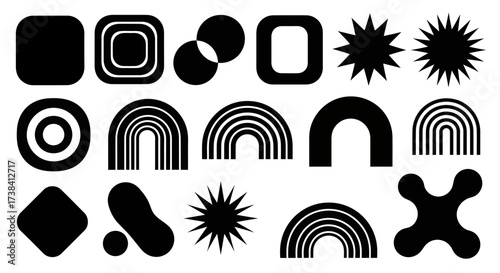 A collection of abstract geometric shapes and symbols in black and white, featuring rounded squares, circles, starbursts, and rainbow-like arches.