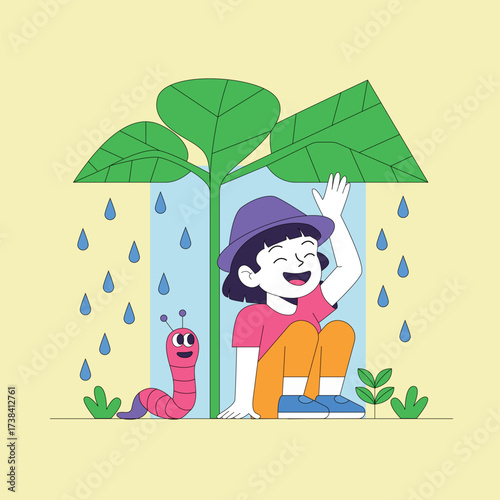 Whimsical rainy day scene with a happy girl, her worm friend, and imaginative leaf shelter, perfect for kids' content and educational materials