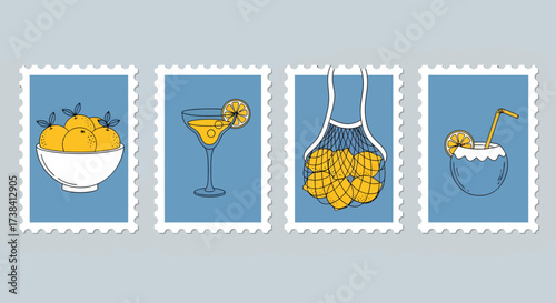 A set of four illustrated postage stamps depicting summer fruits, cocktails, and tropical drinks in a hand-drawn style.