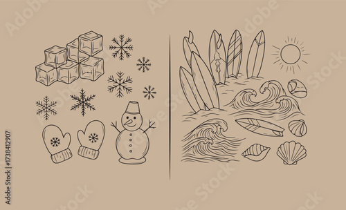 Hand drawn winter snowman mittens snowflakes and skiing elements