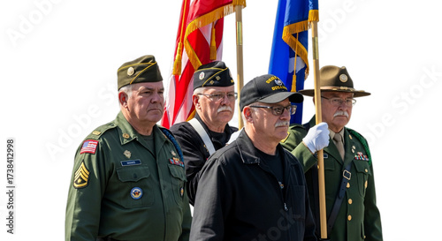 Photo of veterans in uniform with flags, isolated on transparent background