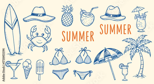 A collection of hand-drawn summer-themed illustrations including a surfboard, hats, pineapple, cocktails, crab, bikinis, umbrella, and palm tree.