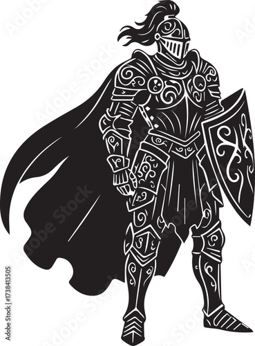 Intricate black silhouette of a medieval knight in full, ornate armor and flowing cape, holding a decorative shield and ready for battle.