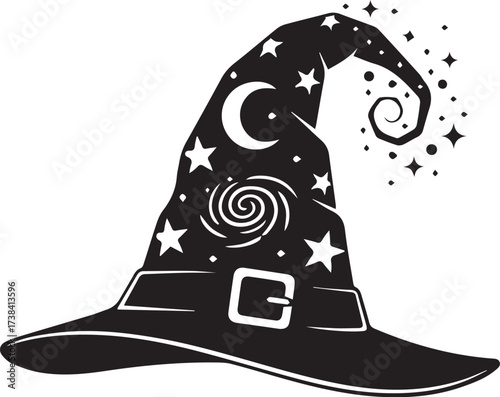 Magical black silhouette of a witch's hat adorned with stars, a crescent moon, and swirling cosmic energy, perfect for a fantasy or Halloween icon.