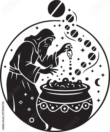 Circular black and white silhouette of a robed wizard or alchemist with a long beard, intently dropping ingredients into a bubbling, ornate cauldron under a cosmic sky.