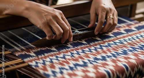 Artisan Hands Weaving Traditional Patterned Fabric on a Wooden Loom.
