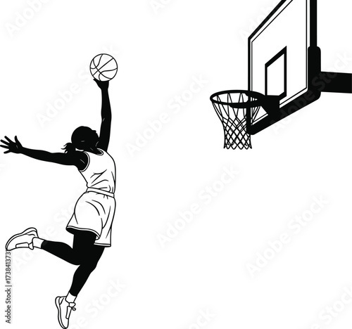 Basketball player silhouette slam dunk, dynamic motion, athletic pose, scoring action for sports, energy, strength, precision, and competitive vector illustration