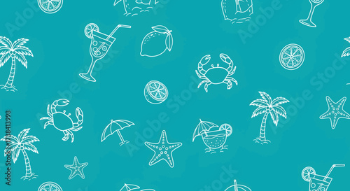 Seamless pattern of white hand-drawn summer beach icons, including palm trees, crabs, and cocktails, on a teal background.