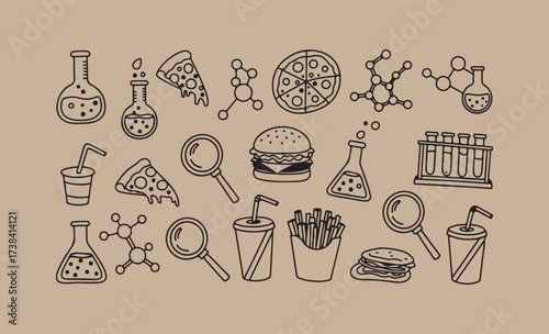 Doodle collection of science and food icons on kraft paper