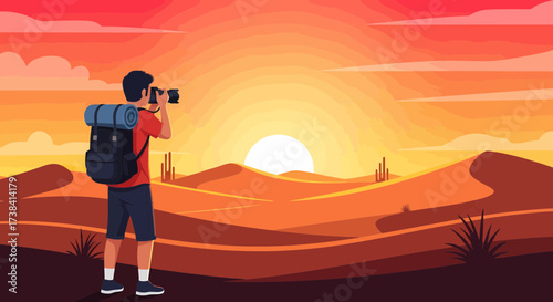 Desert Explorer Capturing The Beauty Of Sunset With Backpack