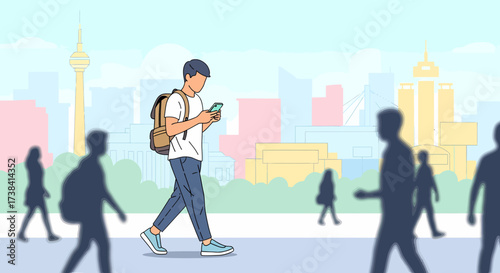 Man Walks Downtown While Using His Cellphone With a Backpack