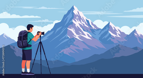 Photographer Capturing Snowy Peaks Majestic Mountain Range Vector Design