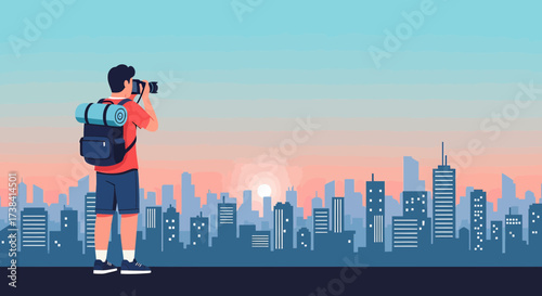 Urban Explorer Capturing Skyline At Sunset With Camera