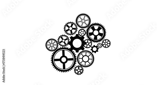 A detailed illustration of various interlocking gears, representing mechanics and technological processes.