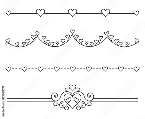 A set of elegant black and white vector heart-themed decorative line dividers and flourishes, perfect for romantic designs.