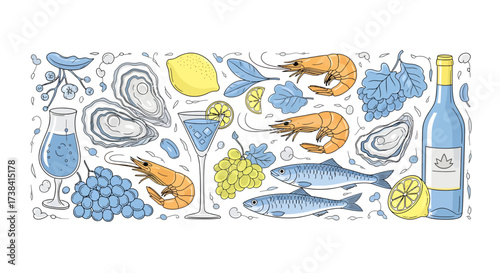 A hand-drawn illustration featuring a variety of fresh seafood, white wine, and fruits on a white background.