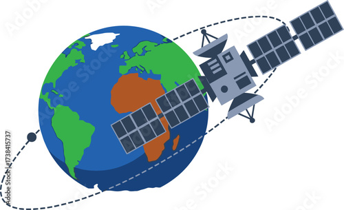 Vector art of satellite orbiting the earth, providing communication and navigation services