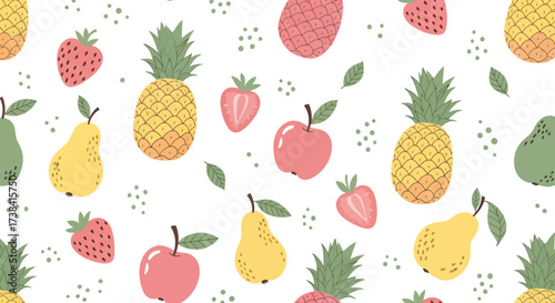 Colorful fruit pattern featuring pineapples, strawberries, apples, and pears, scattered on a white background.