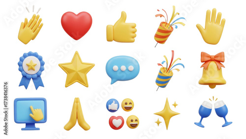 Glossy 3D Emoji Icon Set Transparent Background | Reaction, Celebration, Hand, Heart, Star, Bell, Chat, Award