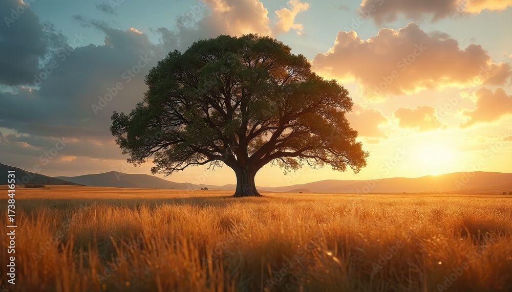 Obraz premium Lonely oak stands in wheat field during sunset. Tree silhouette on horizon. Sun rays shine through cloudy sky over hills. Warm countryside landscape. Majestic nature wallpaper or card.