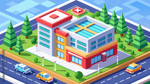 Isometric hospital building vector with emergency entrance, ambulance zone, trees, 3D perspective, scalable clean design, windows, rooftop, healthcare architecture, professional style, modern city 