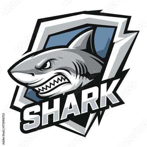 Vector art of aggressive shark mascot logo with sharp teeth in shield design