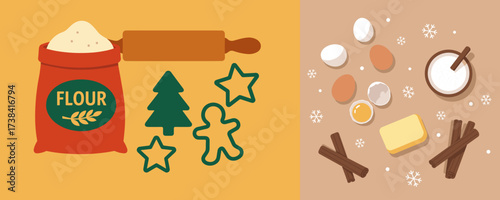 Holiday baking ingredients with flour, rolling pin, and cookie shapes  