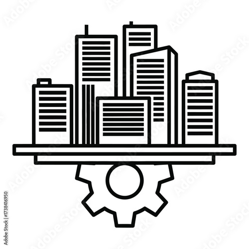 Vector art of city skyline and gear icon representing urban industry and development