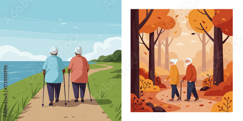 Seniors walking on a trail in autumn by the ocean and forest  