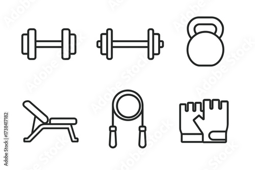 Exercise equipment icons: dumbbells, kettlebell, jump rope, bench, and gloves