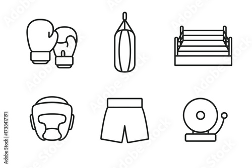 Boxing equipment icon set featuring gloves, bag, ring, headgear, shorts, and bell