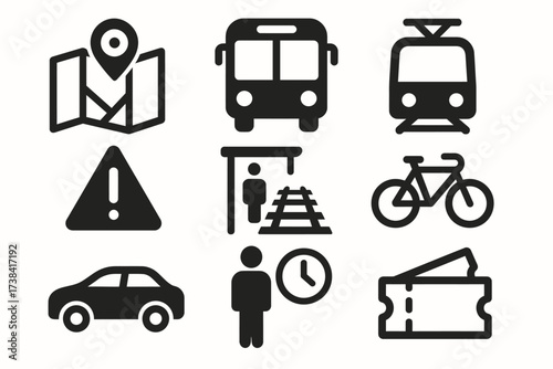 Transportation icons: map, bus, train, bicycle, car, ticket, warning, pedestrian symbols