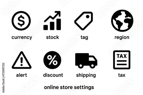 Online store settings icons: currency, stock, tag, region, alert, discount, shipping, tax