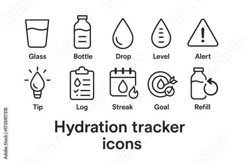 Hydration tracker icons set: glass, bottle, drop, level, alert, tip, log, streak, goal, refill