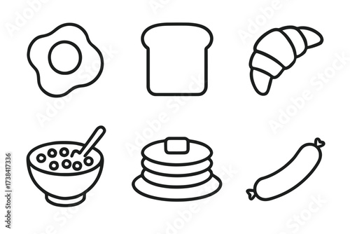 Breakfast icons: fried egg, toast, croissant, cereal, pancakes, sausage