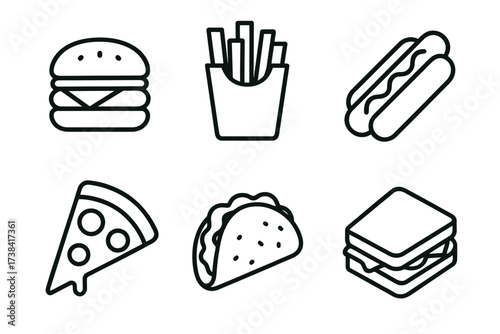 Minimalist fast food icons: burger, fries, hot dog, pizza, taco, sandwich