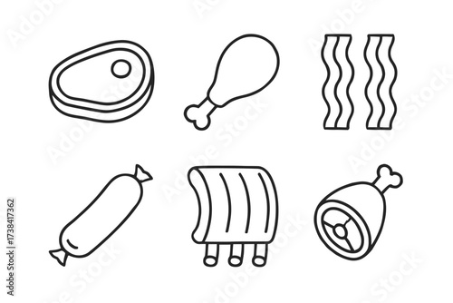Vector outline of various meat cuts including steak, drumstick, bacon, sausage, ribs, ham